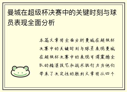 曼城在超级杯决赛中的关键时刻与球员表现全面分析