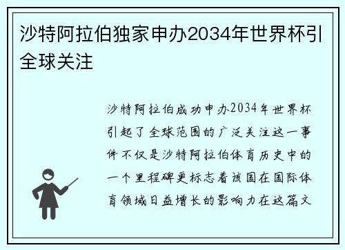 沙特阿拉伯独家申办2034年世界杯引全球关注
