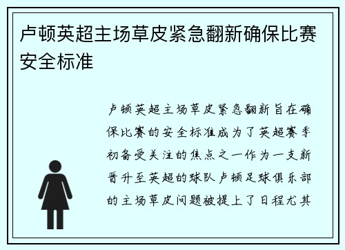 卢顿英超主场草皮紧急翻新确保比赛安全标准